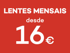 Lentes de contacto mensais destacadas sobre fundo vermelho com texto promocional a partir de 16&euro;